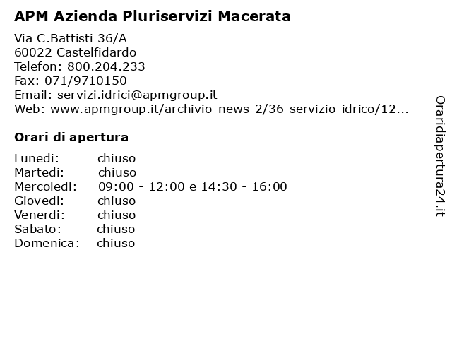 Orari di apertura APM Azienda Pluriservizi Macerata Via C